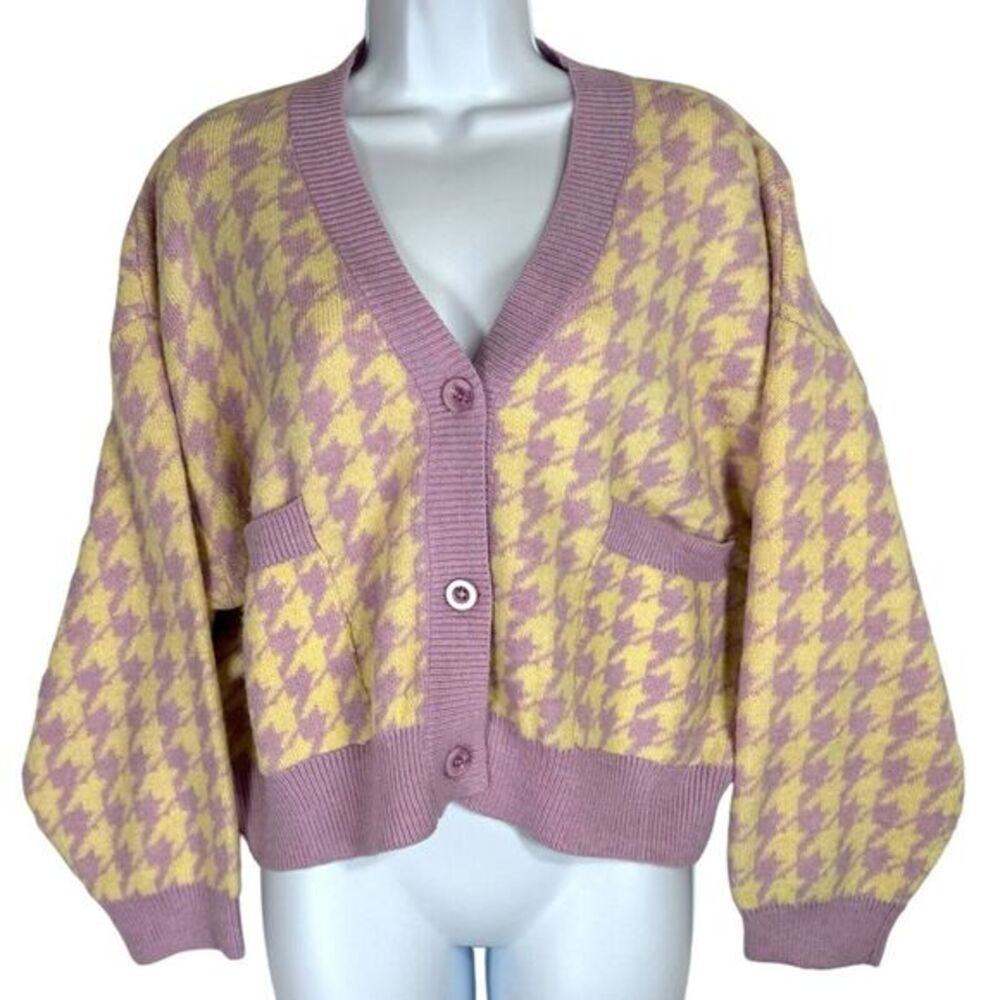 Idem Ditto‎ Houndstooth Cropped Cardigan Sweater Size S/M Purple Yellow Academia